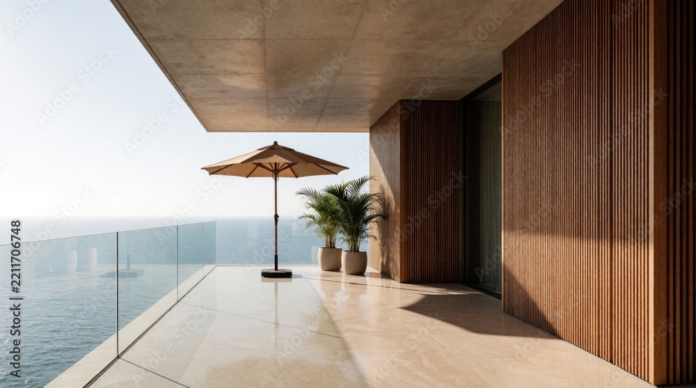 Fototapeta premium Modern minimalist balcony with wooden slat walls overlooking blue ocean. Luxury apartment terrace features beige stone floor, large sun umbrella, green palm plants in pots. Peaceful coastal home