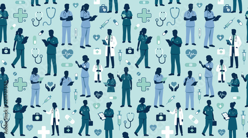 Seamless Pattern of Diverse Medical Professionals and Healthcare Icons on Mint Background