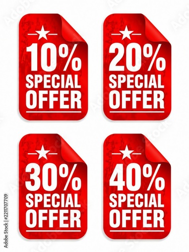 Red sale discount tags with 10, 20, 30, 40 percent special offer text