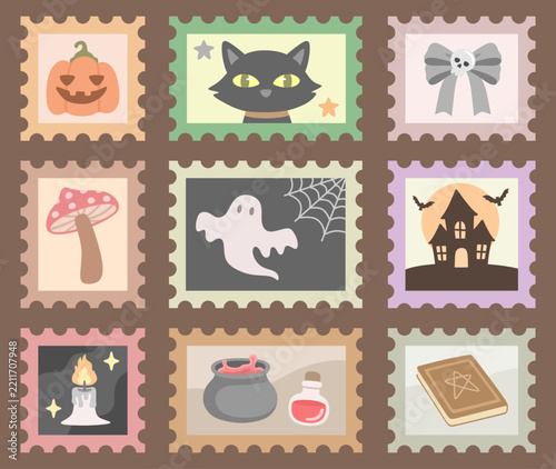 Halloween Decorative Stamp Collection with Pumpkin, Black Cat, Ghost, Skull and Haunted House 