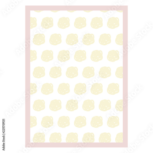 A light pink framed image featuring a repeating pattern of soft, irregular light yellow shapes on a white background, creating a gentle texture.