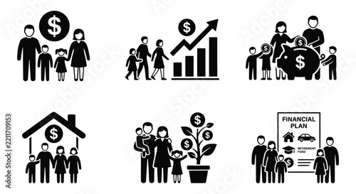 Financial security icons depict family well being savings and investment growth in a flat vector style