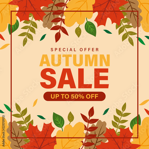 Fotografie Autumn sale banner template with colorful fall leaves frame and special offer te