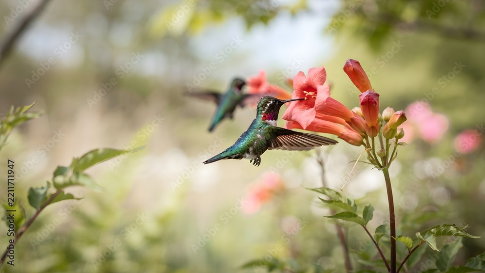 Fototapeta premium Colorful hummingbird hovering near blooming flowers, showcasing detailed feathers, delicate wings and natural beauty in a realistic wildlife photography scene with a soft outdoor background.