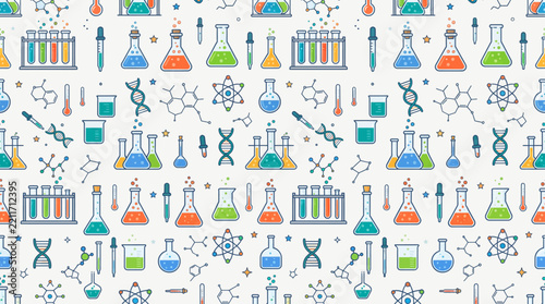 Seamless Science Laboratory Equipment Pattern with Colorful Beakers and DNA Vector Illustration