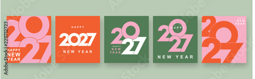 Set of 2027 Happy New Year logo text design. 2027 number design template. Collection of 2027 Happy New Year card, cover, poster. Vector illustration with labels isolated on colorful background.