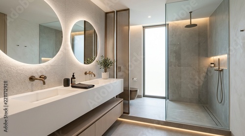 Modern Bathroom Interior Design with Double Vanity, Illuminated Mirrors, and Walk-in Shower
