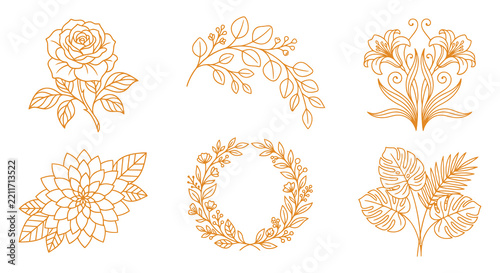 Black floral ornament collection with golden accents on a white background botanical