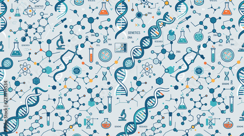 Seamless Science Pattern with DNA Helix and Molecular Structure Icons