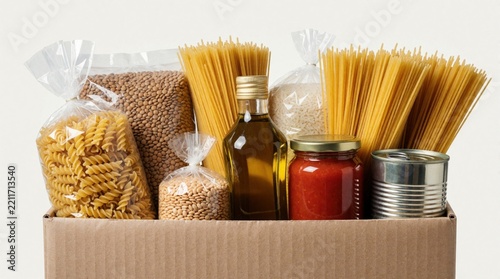 Cardboard box filled with grocery for charity donation. Package includes pasta, rice, lentils, cooking oil, tomato sauce jar, canned food. Humanitarian aid kit with dry goods to help hungry people in