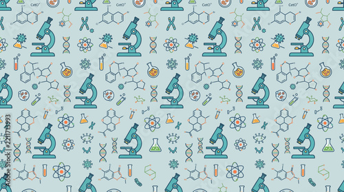 Seamless Science Pattern with Microscopes, DNA, and Chemical Formulas on Mint Background