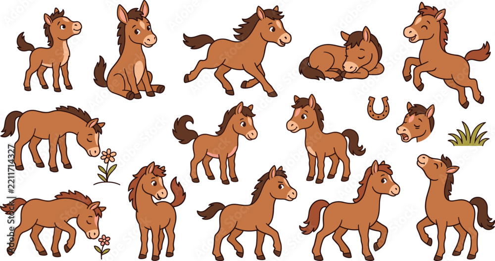 Fototapeta premium Cute Cartoon Horse and Foal Vector Silhouette Set Featuring Pony In Running Sleeping Sitting and Galloping Poses