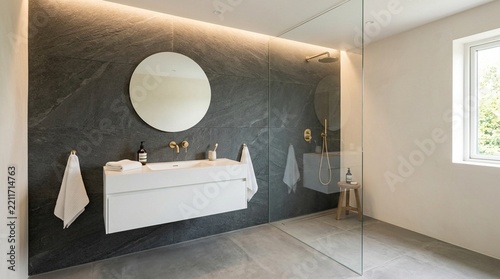 Modern Bathroom with Slate Wall, Floating Vanity, and Glass Shower