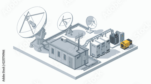 Isometric view of a satellite communication ground station with multiple dishes and equipment.