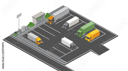 Isometric view of a truck stop with various semi-trucks parked.