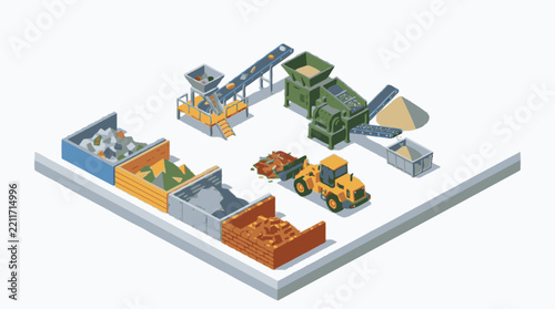 Isometric view of a waste recycling plant with various machinery and sorted materials.