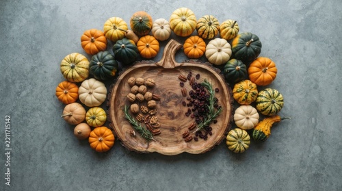 Wooden pumpkin shaped platter surrounded by colorful gourds