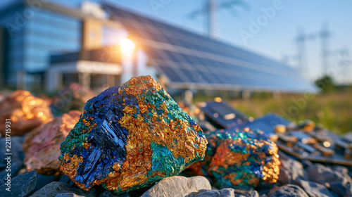 Copper sulfide ore specimens arranged in the foreground with a modern renewable energy facility, electrical grid infrastructure and advanced electronics softly visible behind them, concept of copper