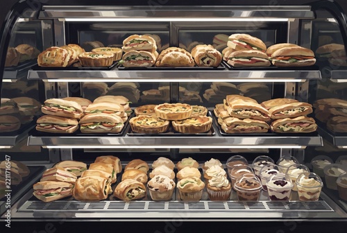 Illuminated glass display case filled with an assortment of fresh sandwiches, quiches, pastries, and desserts