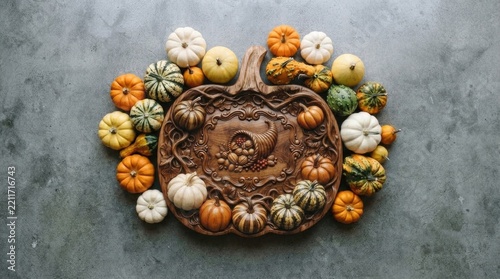 Carved wooden pumpkin serving platter surrounded by assorted