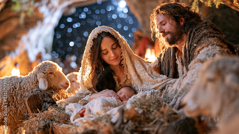 Fototapeta premium Reverent Nativity scene in ancient Bethlehem with Mary, Joseph and newborn Jesus Christ gathered around a wooden manger, soft straw beneath the baby, gentle sheep positioned peacefully beside the Ho