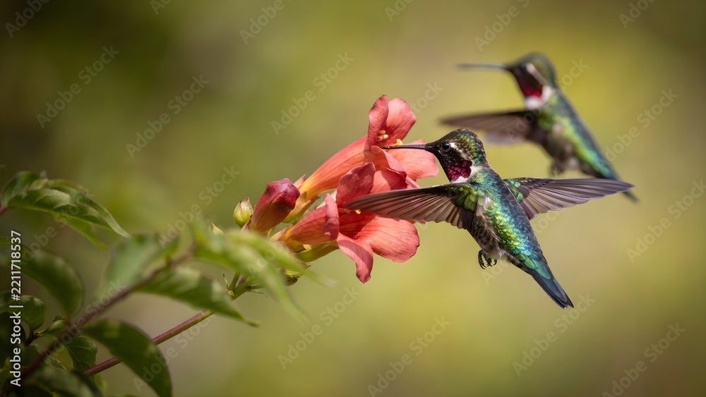 Fototapeta premium Colorful hummingbird hovering near blooming flowers, showcasing detailed feathers, delicate wings and natural beauty in a realistic wildlife photography scene with a soft outdoor background.