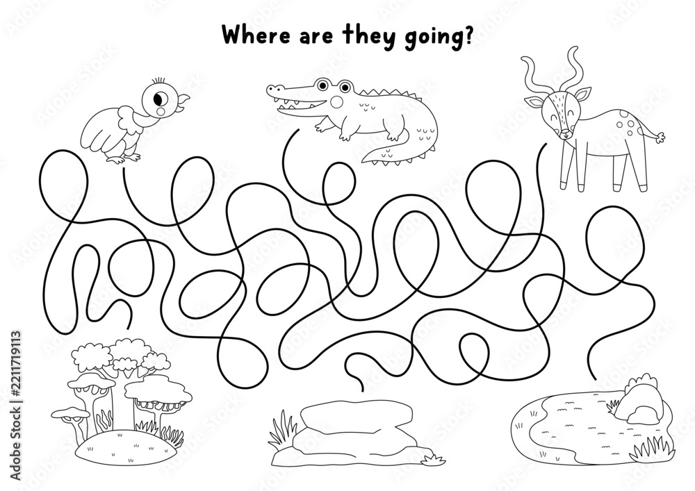 Obraz premium Safari black and white maze with animals going to tree forest, rocks, water. African savanna labyrinth game. Savannah printable activity, worksheet, coloring page with vulture, crocodile, antelope