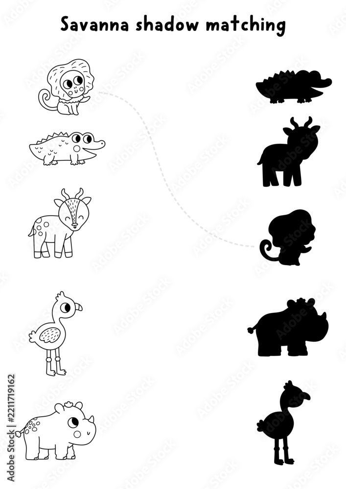 Obraz premium Savanna black and white shadow matching activity with little animals. Safari line puzzle with baby rhino, crocodile, flamingo. African savannah find correct silhouette coloring page, game