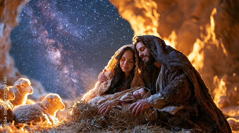 Obraz premium Beautiful Christmas Nativity scene featuring Mary and Joseph gathered closely around sleeping baby Jesus in a simple manger, peaceful sheep lying on straw around them, ancient Bethlehem stable openi