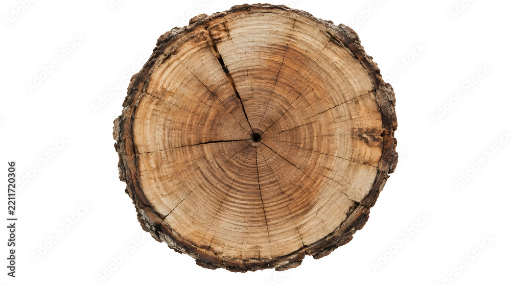 Fototapeta premium Cross section of a weathered tree trunk showing annual growth rings and bark.