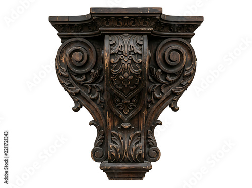 Ornate antique wooden corbel with intricate floral carvings isolated on transparent background
