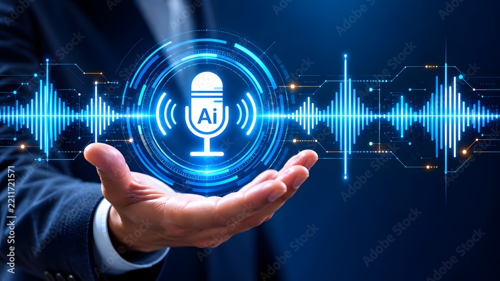 Obraz premium Hand Holding Holographic Microphone Icon With Glowing Blue Sound Wave Frequency Symbolizing AI Voice Recognition Technology