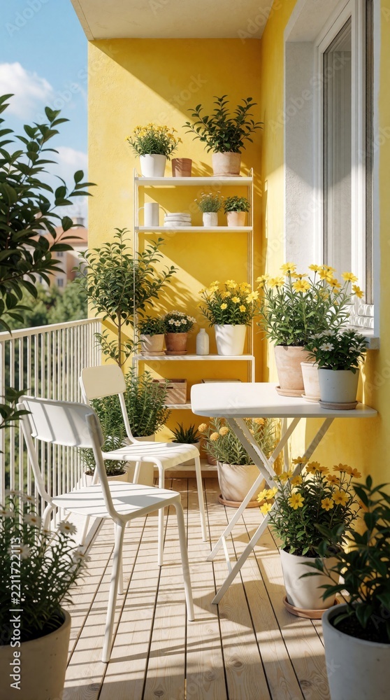 Fototapeta premium Bright yellow balcony with white furniture, many potted plants. Modern terrace design features small table, chairs, shelves with flowers. Sunny summer day at apartment home with green leaves, wood