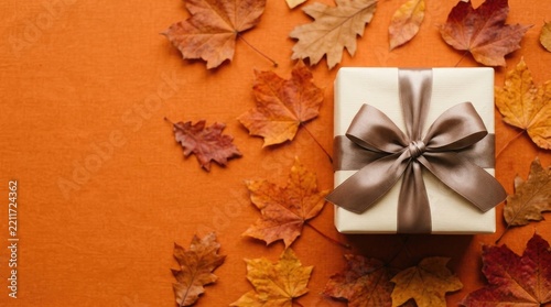 Autumn gift box with ribbon on a vibrant orange leaf background
