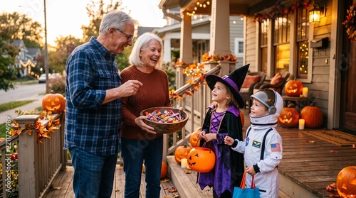 Grandparents giving Halloween candy to children in costumes on a decorated porch