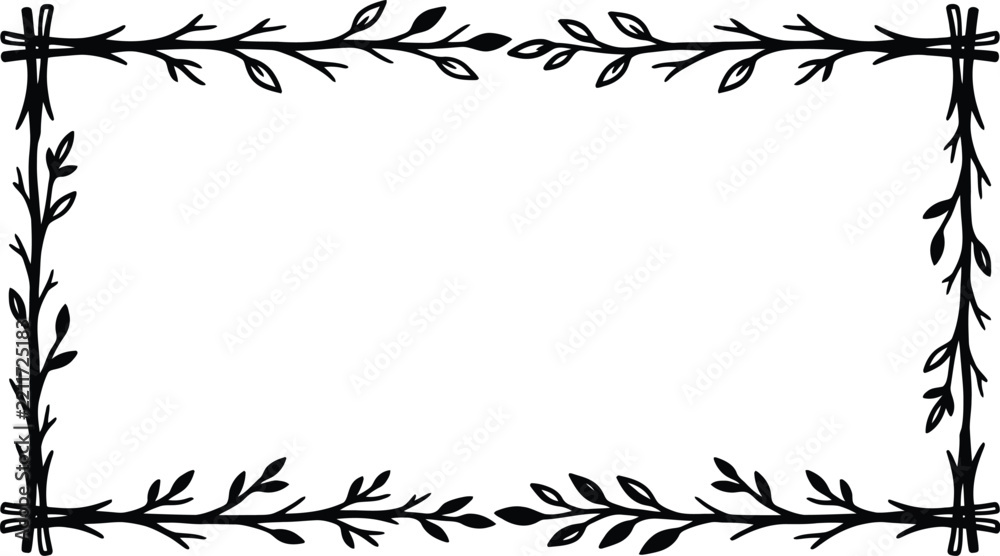 Fototapeta premium Rustic twig branch border displays hand drawn wooden sticks and small leaves arranged in rectangular frame for natural organic product packaging and craft design.