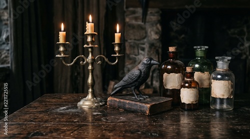 Mysterious Halloween scene with flickering candles, a raven statue on a book, and old potion bottles