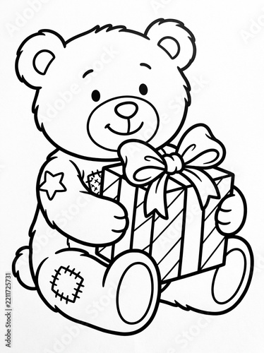 Teddy bear holding a gift box with a bow and a cheerful expression  