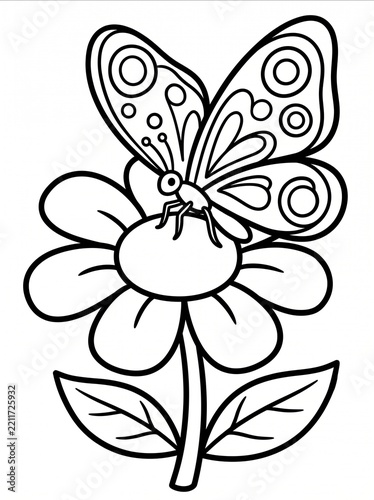 Butterfly resting on flower in a simple coloring page design  
