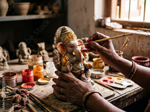 Artist Hand-Painting Ganesha Statue in Traditional Indian Workshop With Paints and Brushes