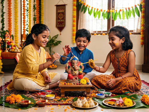 Children Celebrating Ganesh Chaturthi Painting Lord Ganesha Idol at Home During Festival