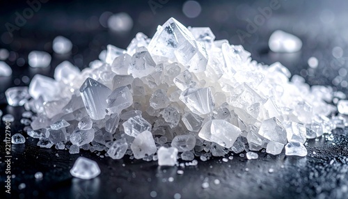 A close-up view shows a pile of coarse white sea salt crystals against a dark background.