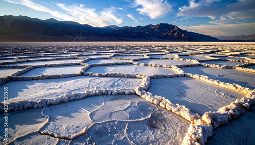 The hexagonal salt crust formations stretch across the vast Badwater Basin desert floor.