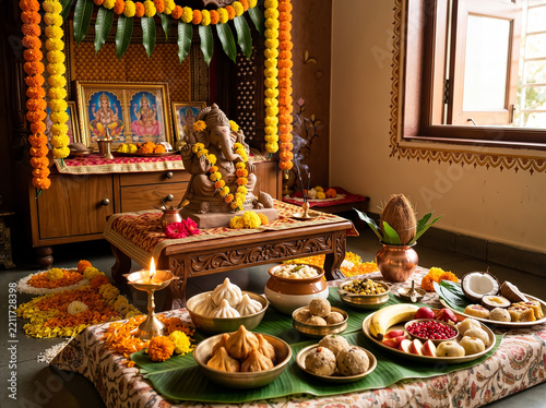 Ganesha Puja Altar With Offerings and Floral Decorations for Ganesh Chaturthi Festival Prayer