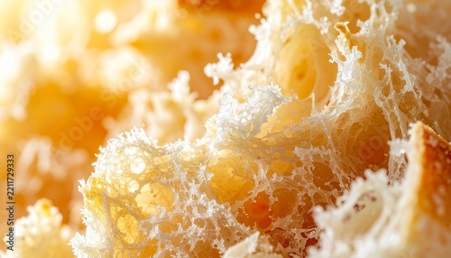 Macro close-up of the intricate white frills on a golden jellyfish in glowing water.
