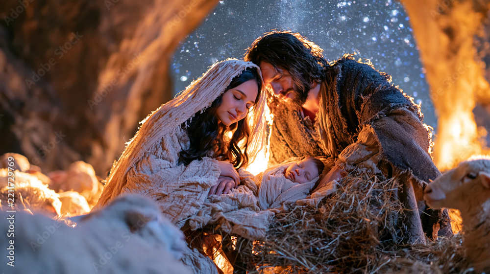 Fototapeta premium Beautiful Christmas Nativity scene featuring Mary and Joseph gathered closely around sleeping baby Jesus in a simple manger, peaceful sheep lying on straw around them, ancient Bethlehem stable openi