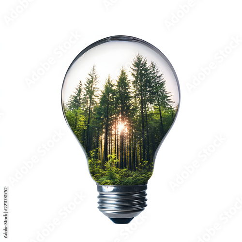 A tree or forest inside a light bulb against a white background.