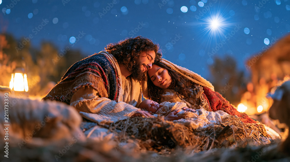 Fototapeta premium Serene Holy Night scene with the Holy Family surrounding newborn Jesus Christ in a rustic manger, Mary and Joseph dressed in historically inspired biblical garments, peaceful sheep resting nearby, r