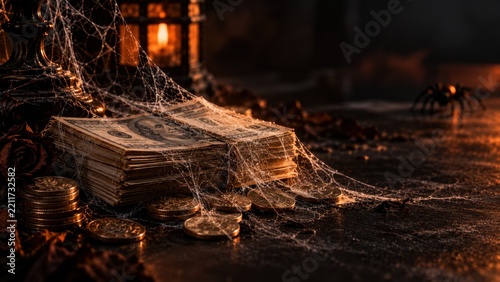 Old Money Covered With Cobwebs In Dark Halloween Scene