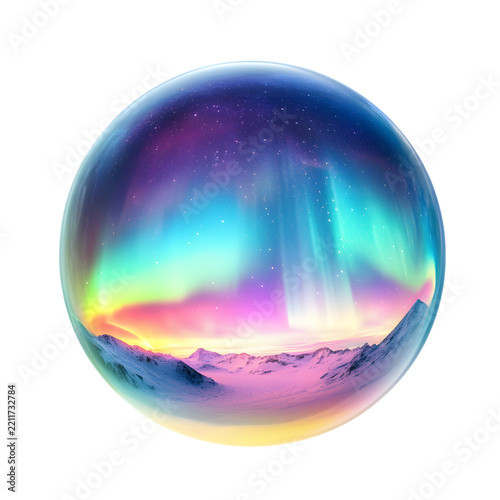 A glass sphere containing the atmosphere of the Northern Lights against a white background.